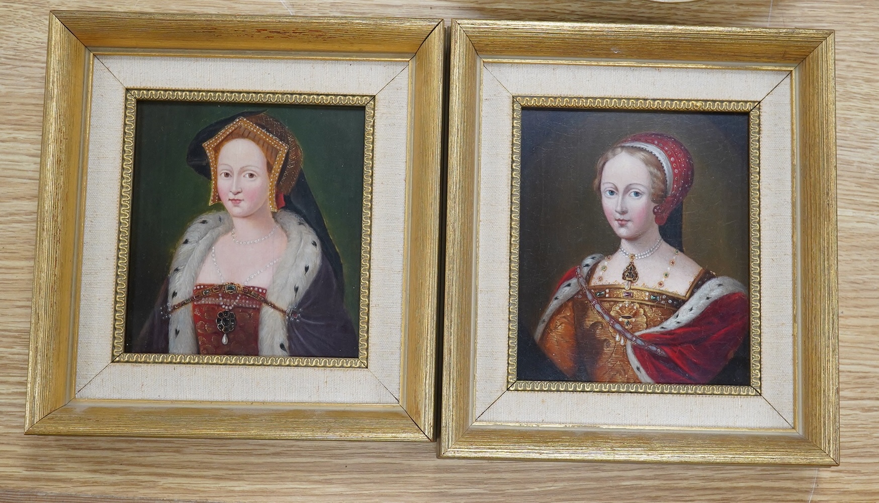 Attributed to Adam Scott, pair of oils on board, Portraits of Elizabethan ladies, unsigned, inscribed in ink verso, each 14.5 x 12cm. Condition - fair, fine craquelure throughout